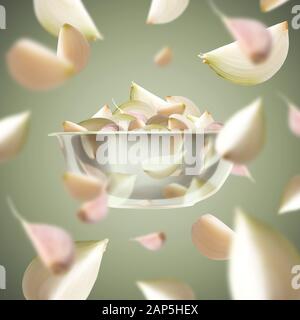 Fresh and healthy flying onion over gray background Stock Photo