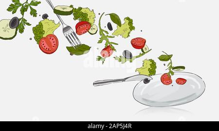 Cut sliced into pieces vegetable mix flying in the air from plate Stock Photo