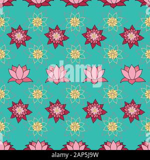 Lotus festival, big open flowers in rows, repeat seamless vector illustration, surface pattern design Stock Vector