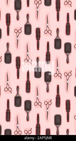 Flat lay composition with hairdresser set on pink background. Barber set with tools and equipment: scissors, combs and hairclips. Hairdresser and beau Stock Photo