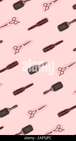 Flat lay composition with hairdresser set on pink background. Barber set with tools and equipment: scissors, combs and hairclips. Hairdresser and beau Stock Photo