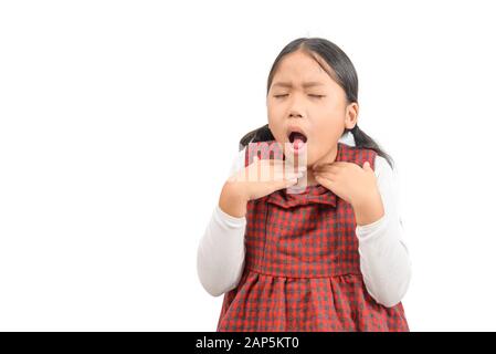 Little ill asian girl with sore throat isolated on white  background. Concept of allergy Stock Photo