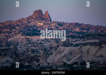 Cappadocia, Turkey: aerial view at dawn of Uchisar, ancient town of the historical region in Central Anatolia rich of exceptional natural wonders Stock Photo