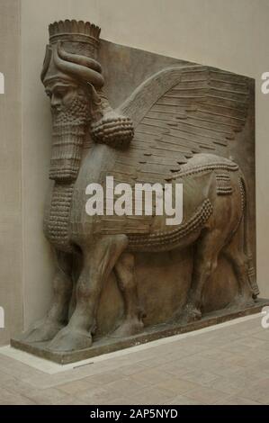 Winged human headed-bull. Neo Assyrian Palace of Sargon II, 721-705 BC. Khorsabad, ancient Dur Sharrukin (at present Iraq). Museum of Louvre. Paris, France. Stock Photo