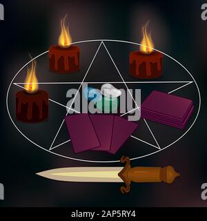 Magic and esotericism. .Fortune-telling on runes and maps .candles, stones, Pentacles. Book of fate. Dark, mysterious . vector. Stock Vector