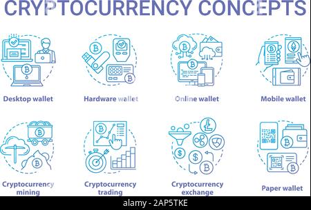 Cryptocurrency blue concept icons set. Digital asset idea thin line illustrations. Desktop wallet. Financial transaction. Bitcoin trading, exchange. V Stock Vector