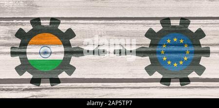 Web Banner, Header Layout Template. Politic and economic relationship between India and European Union. National flags on cog wheels. Wood texture Stock Photo