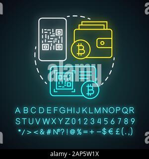 Paper wallet neon light concept icon. Bitcoins offline storage idea. Copying QR code, printing private key on paper. Glowing sign with alphabet, numbe Stock Vector