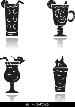 Drinks drop shadow black glyph icons set. Cocktail in highball glass, hot toddy, pina colada, flaming shot. Alcoholic mixes, soft drinks. Refreshing, Stock Vector