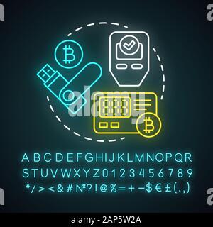 Hardware wallet neon light concept icon. Storing private keys in storage device idea. Online transaction. Bitcoin wallet. Glowing sign with alphabet, Stock Vector