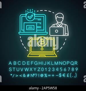 Desktop wallet neon light concept icon. Money transfer idea. Electronic wallet on personal computer. Bank account app. Glowing sign with alphabet, num Stock Vector