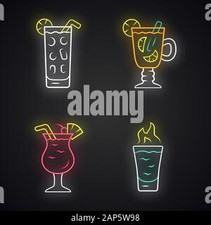 Drinks neon light icons set. Cocktail in highball glass, hot toddy, pina colada, flaming shot. Alcoholic mixes, soft drinks. Refreshing, warming bever Stock Vector