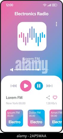 Electronic music radio smartphone interface vector template. Mobile music player app page neon blue design layout. Modern songs, tracks albums listeni Stock Vector