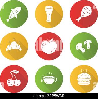 Food and drinks flat design long shadow glyph icons set. Burger, chicken leg and beer. Eating and beverages vector silhouette illustration. Fish, cher Stock Vector