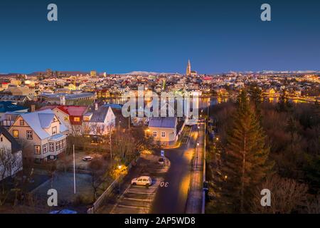 Twilight, Reykjavik, Iceland. This image is shot using a drone Stock Photo