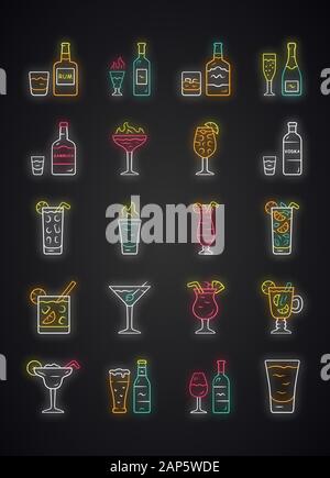 Drinks neon light icons set. Alcohol menu card. Beverages for cocktails. Whiskey, rum, wine, martini, margarita, absinthe. Refreshing and warming liqu Stock Vector