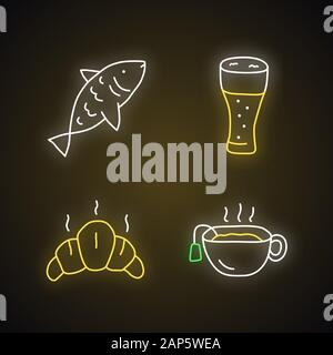 Drinks with snacks neon light icons set. Harmful and healthy beverages with appetizers glowing signs. Fish, beer glass, croissant and hot tea vector i Stock Vector