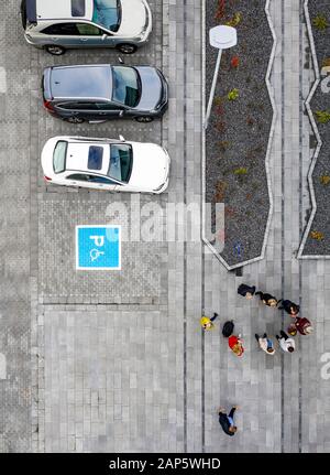 Aerial - parking lot with disabled spot, Borgarfjordur, Iceland Stock Photo