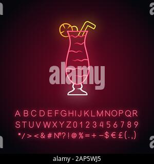 Cocktail in hurricane glass neon light icon. Refreshing alcohol drink for party. Tumbler with beverage, lemon, straw. Glowing sign with alphabet, numb Stock Vector