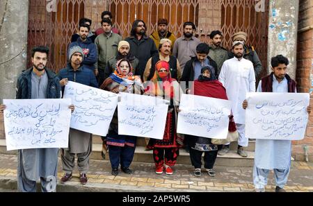 Members of Pakistan Youth Peace Movement are holding protest demonstration against high handedness of police department, at Quetta press club on Tuesday, January 21, 2020. Stock Photo