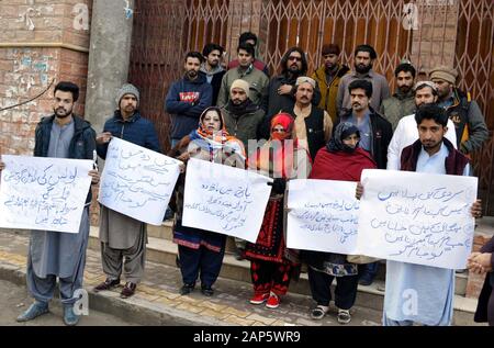 Members of Pakistan Youth Peace Movement are holding protest demonstration against high handedness of police department, at Quetta press club on Tuesday, January 21, 2020. Stock Photo