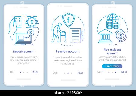 Account types onboarding mobile app page screen vector template. Pension, non resident accounts. Walkthrough website steps with linear illustrations. Stock Vector