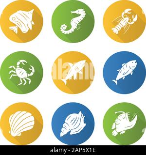 Marine animals flat design long shadow glyph icons set. Swimming shark, anglerfish, butterflyfish. Underwater creature. Aquatic organism. Seafood rest Stock Vector