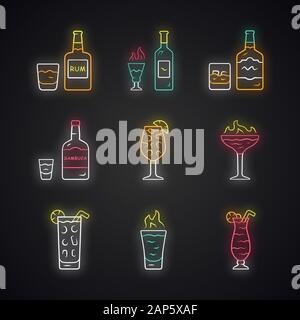 Drinks neon light icons set. Rum, absinthe, whiskey, sambuca, sangria, flaming cocktail and shot, hurricane glass, highball glass. Alcoholic beverages Stock Vector