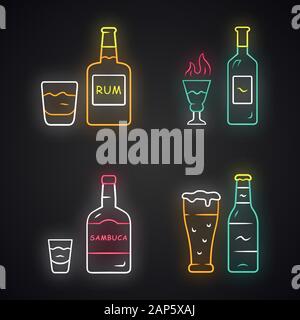 Drinks neon light icons set. Rum, absinthe, sambuca, beer. Bottles and beverages in glasses. Refreshment alcoholic liquid for party and celebration. G Stock Vector