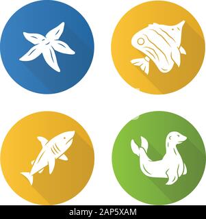 Sea animals flat design long shadow glyph icons set. tarfish, butterflyfish, shark, seal. Ocean underwater wildlife. Aquatic fish species. Undersea wo Stock Vector