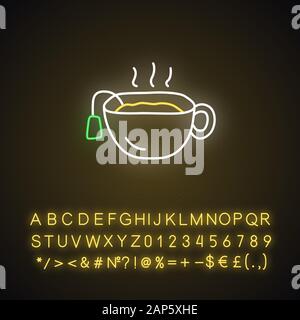 Hot tea cup neon light icon. Glowing sign with alphabet, numbers and symbols. Mug with warm delicious beverage vector isolated illustration. Tradition Stock Vector