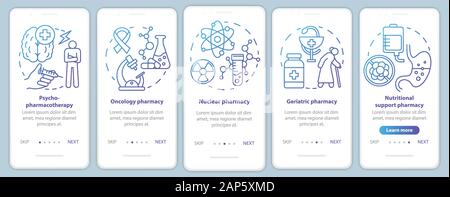 Pharmacy branch onboarding mobile app page screen vector template. Nuclear and oncology drug research. Walkthrough website steps with linear illustrat Stock Vector