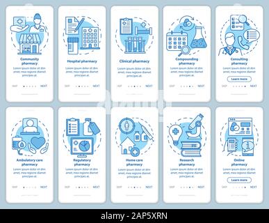 Pharmacy types and services onboarding mobile app page screen with linear concepts. Home and hospital care. Walkthrough steps graphic instructions. UX Stock Vector