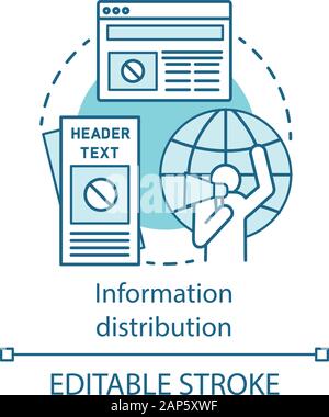 Information distribution concept icon. Nonviolent resistance, propaganda idea thin line illustration. Activist with megaphone, flyers and online news Stock Vector