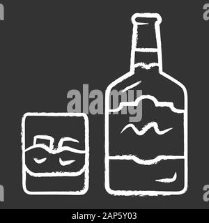 Whiskey chalk icon. Bottle and old fashioned glass with drink and ice. Scotch, rum shot. Distilled alcoholic beverage consumed for cocktails. Brandy, Stock Vector