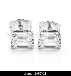 Emerald Cut Diamond Solitaire Earrings Isolated on White Background Stock Photo