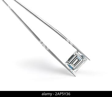 Baguette Cut Diamond Isolated on White Background Held in Tweezers Stock Photo
