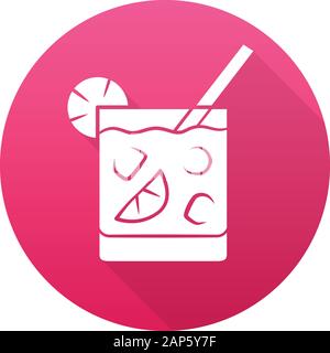 Cocktail in lowball glass red flat design long shadow glyph icon. Alcohol cold drink in old fashioned tumbler. Mixed beverage with ice, slice of citru Stock Vector
