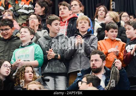 Lausanne, Switzerland. 20th Jan, 2020. School children enjoying the Russia/Denmark men's ice hockey game at the 2020 Winter Youth Olympic Games in Lausanne Switzerland. All events except for the Opening Ceremony are free at the Youth Olympics here. The organizers made a point to get school groups to attend. Credit: Christopher Levy/ZUMA Wire/Alamy Live News Stock Photo