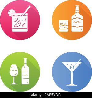 Drinks flat design long shadow glyph icons set. Cocktail in lowball glass, whiskey, wine, martini. Alcoholic beverages for party. Refreshment drinks a Stock Vector