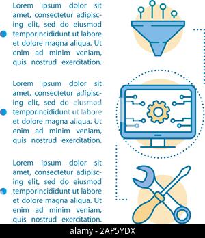 Development and maintenance article page vector template. Software programming. Brochure, magazine, booklet design element, linear icons, text boxes. Stock Vector