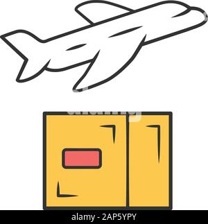 Delivery by plane color icon. International cargo shipping. Air freight. Transfer and shipment of parcels, packages. Express air delivery, airmail. Ca Stock Vector