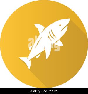 Shark yellow flat design long shadow glyph icon. Dangerous ocean predator. Swimming large fish. Aquatic animal, ocean wildlife. Marine fauna. Wild sha Stock Vector