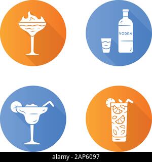 Drinks flat design long shadow glyph icons set. Flaming shot, margarita, mojito, vodka. Glasses with beverages, bottle. Alcoholic mixes and soft drink Stock Vector