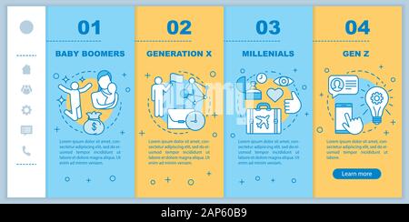 Generation onboarding mobile web pages vector template. Baby boomers. Responsive smartphone website interface idea with linear illustrations. Webpage Stock Vector