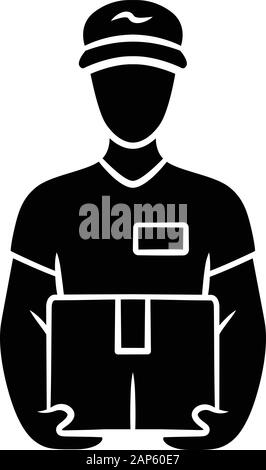 Deliveryman with parcel glyph icon. Courier holding cardboard box. Postman with package. Delivery, postal service. Express shipping. Silhouette symbol Stock Vector