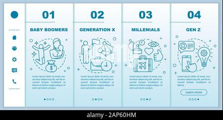 Generation onboarding mobile web pages vector template. Millennials. Responsive smartphone website interface idea with linear illustrations. Webpage w Stock Vector