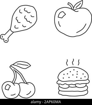 Healthy and harmful nutrition linear icons set. Natural and unhealthy eating thin line contour symbols. Chicken leg, apple, cherry and burger isolated Stock Vector