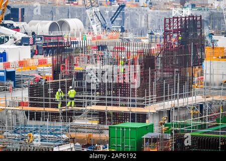 Construction work at Hinkley Point C nuclear power station near Bridgwater, Somerset, where 4,700 workers continue on Europe's largest building site. Stock Photo