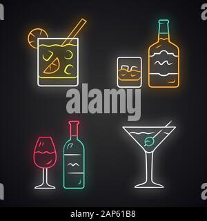 Drinks neon light icons set. Glowing signs. Cocktail in lowball glass, whiskey, wine, martini. Alcoholic beverages for party. Refreshment drinks and m Stock Vector